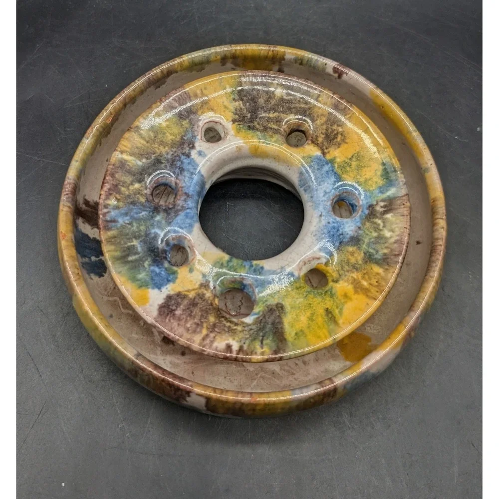 Ridge Hand Studio Pottery Ceramic Flower Frog Bowl Set Drip Glaze Multicolor 5